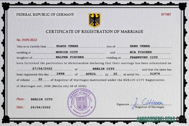 Imprimível modelo PSD de certidão de casamento na Alemanha